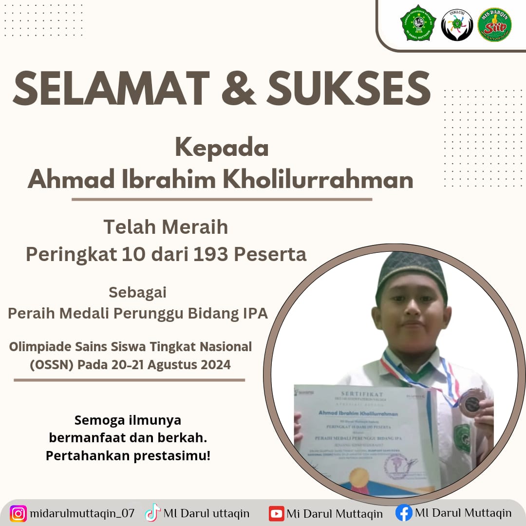 Peringkat 10 Peraih Medali Perunggu Bidang IPA MI Darul Muttaqin