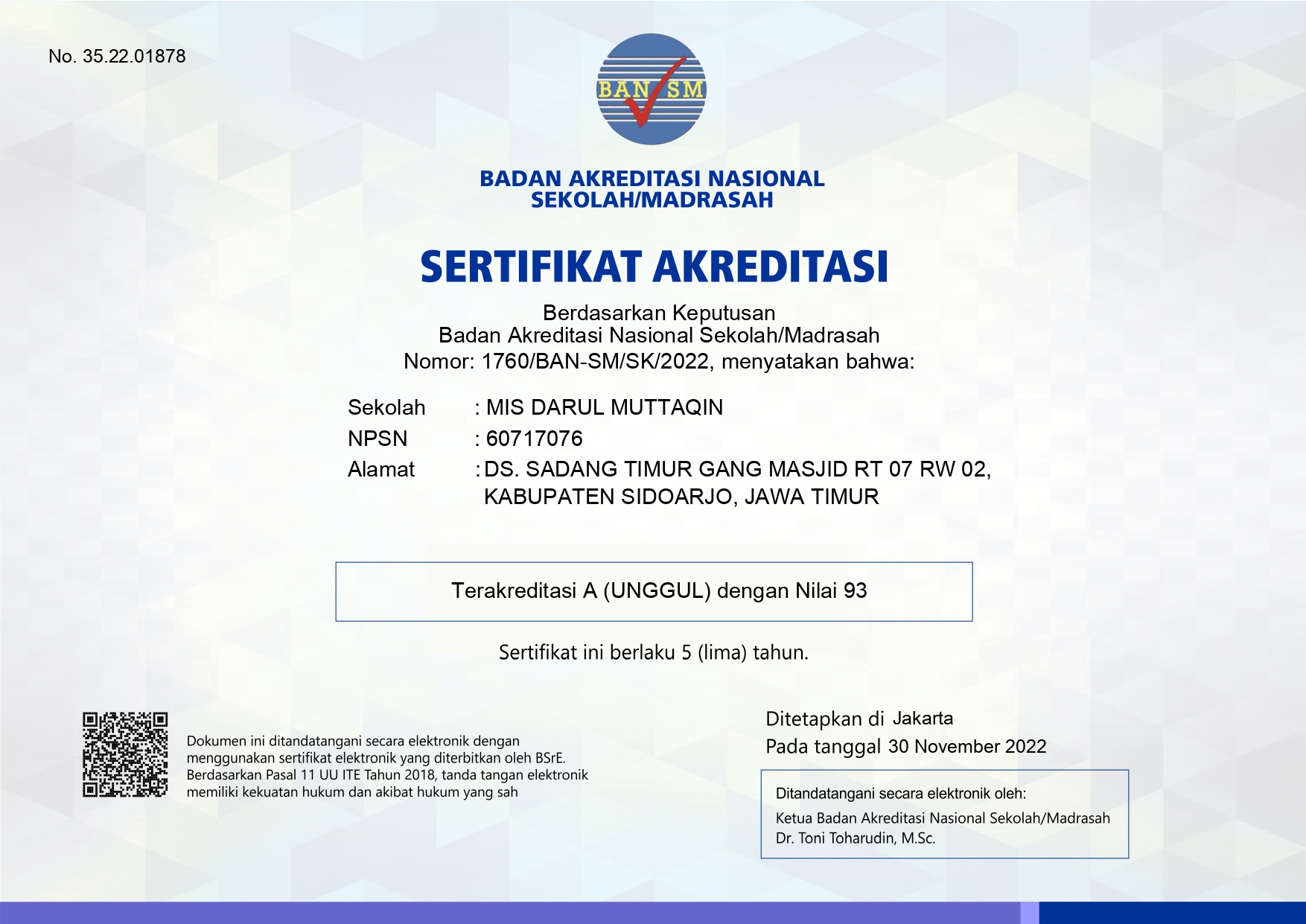 Sertifikat Akreditasi MI Darul Muttaqin