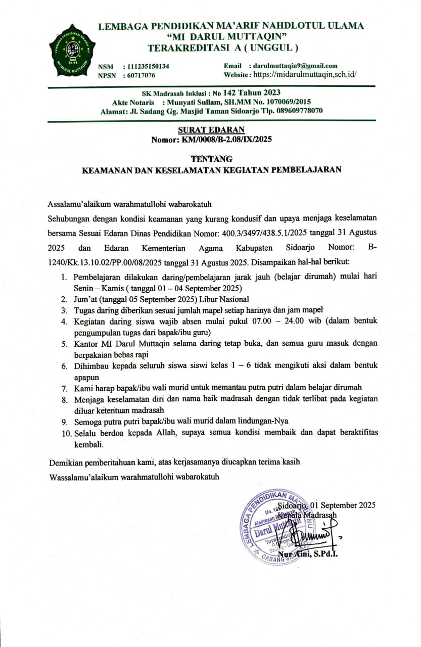 Surat Edaran Tentang Keamanan dan Keselamatan Kegiatan Pembelajaran